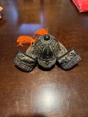 Vintage Japanese Miniature Cast Iron Samurai Kabuto Helmet Ornament with Orange